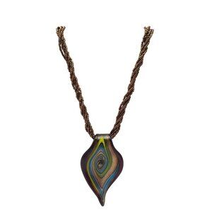 Handcrafted Murano Glass Pendant Necklace With Multicolor Swirl Brown Cord